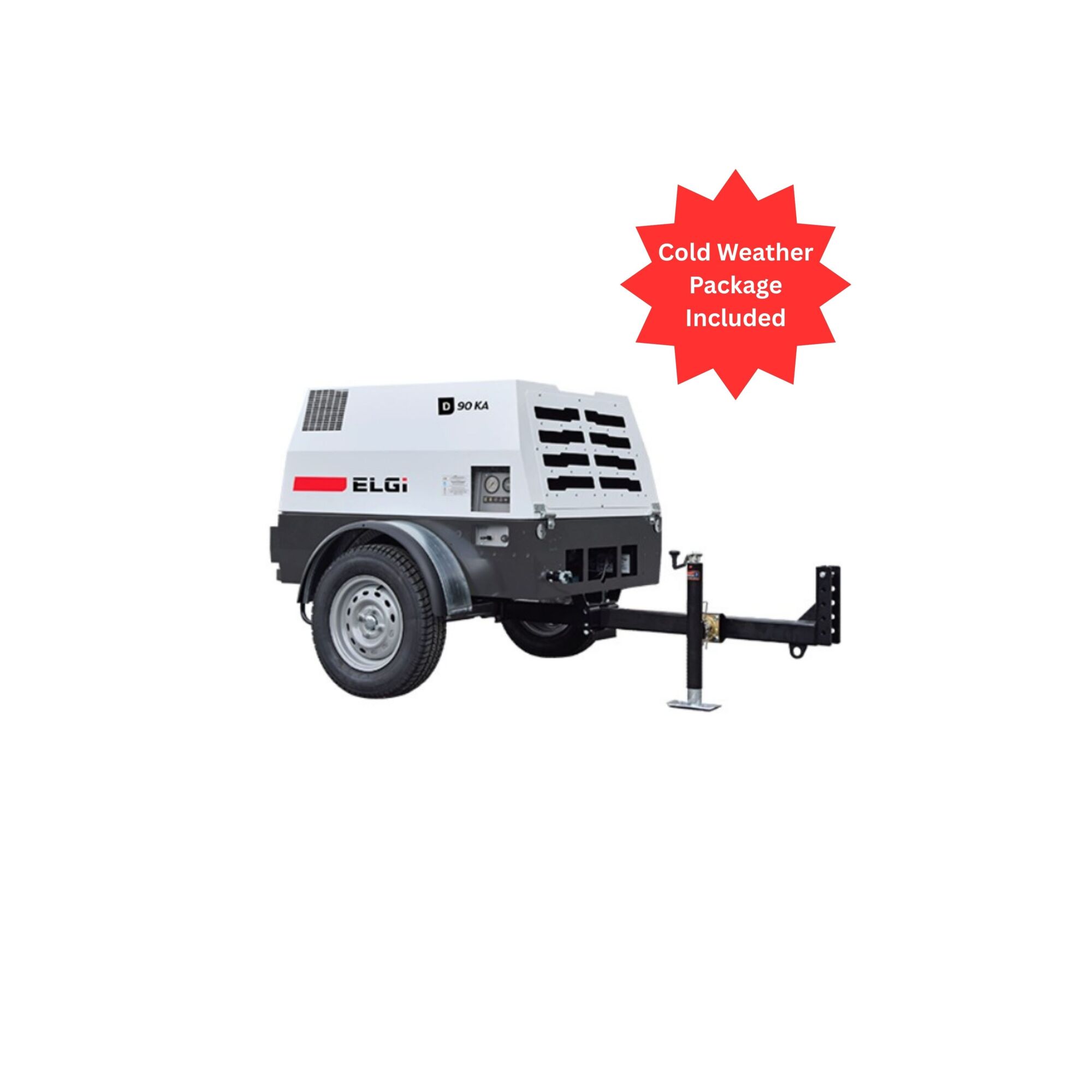 ELGI Trailer Mount Portable Screw Air Compresor, 90 cfm@ 100 PSI  with Cold Weather Package,Model #D90KA-PCWP